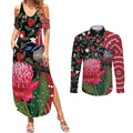 Personalised Australia Waratah And Superb Fairywren Couples Matching Summer Maxi Dress and Long Sleeve Button Shirt Aboriginal Art