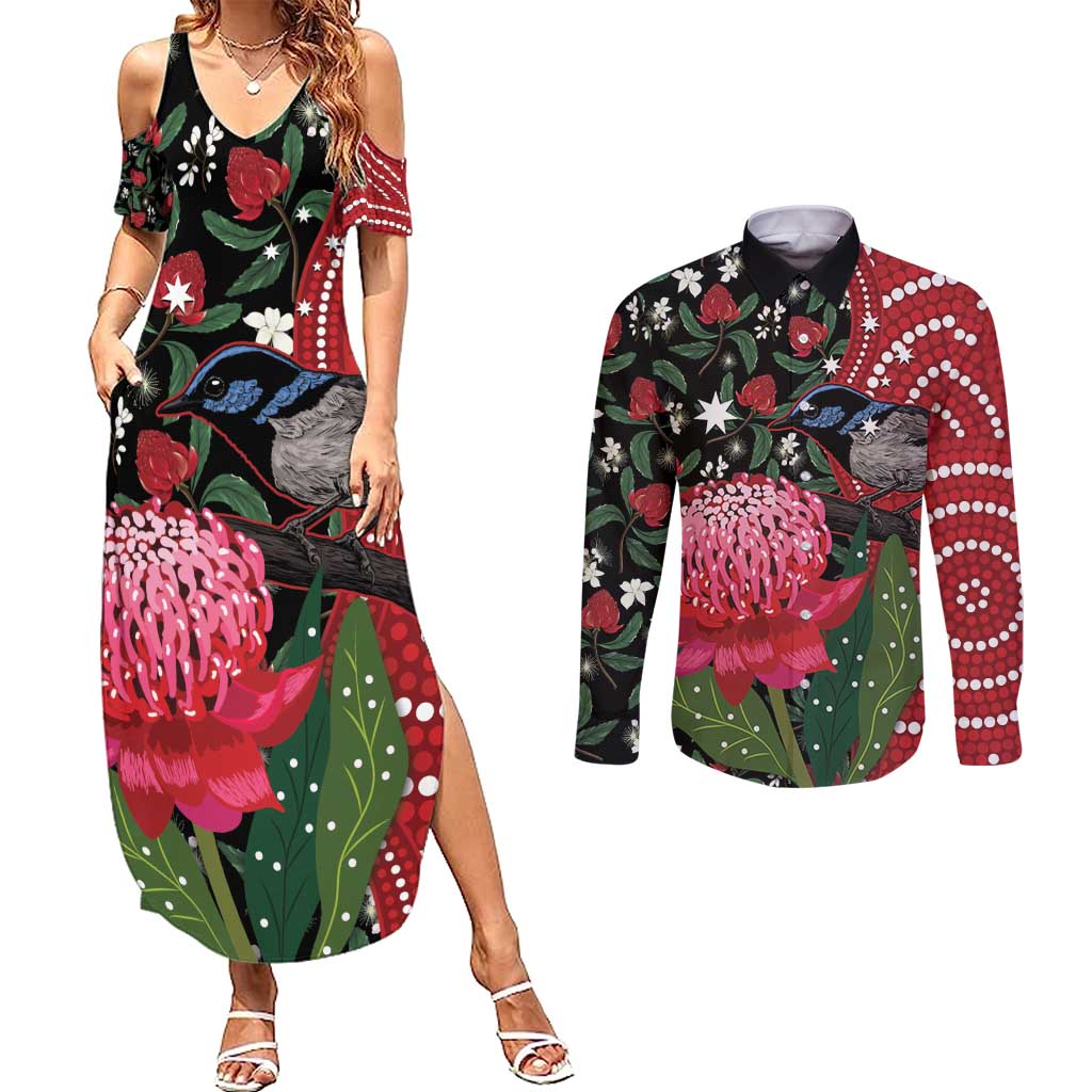 Personalised Australia Waratah And Superb Fairywren Couples Matching Summer Maxi Dress and Long Sleeve Button Shirt Aboriginal Art