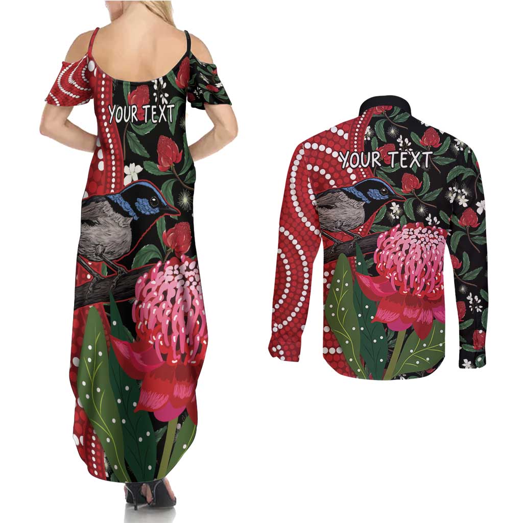 Personalised Australia Waratah And Superb Fairywren Couples Matching Summer Maxi Dress and Long Sleeve Button Shirt Aboriginal Art