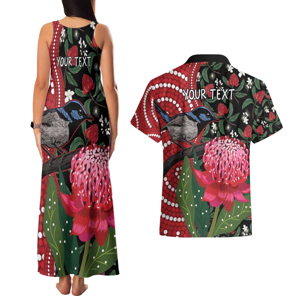 Personalised Australia Waratah And Superb Fairywren Couples Matching Tank Maxi Dress and Hawaiian Shirt Aboriginal Art