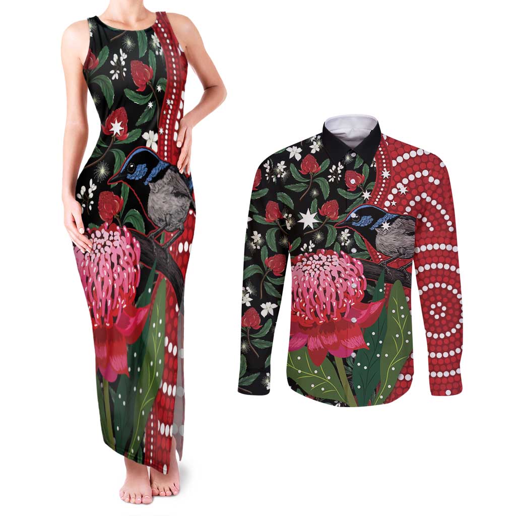 Personalised Australia Waratah And Superb Fairywren Couples Matching Tank Maxi Dress and Long Sleeve Button Shirt Aboriginal Art