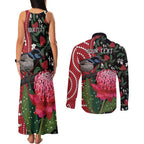 Personalised Australia Waratah And Superb Fairywren Couples Matching Tank Maxi Dress and Long Sleeve Button Shirt Aboriginal Art