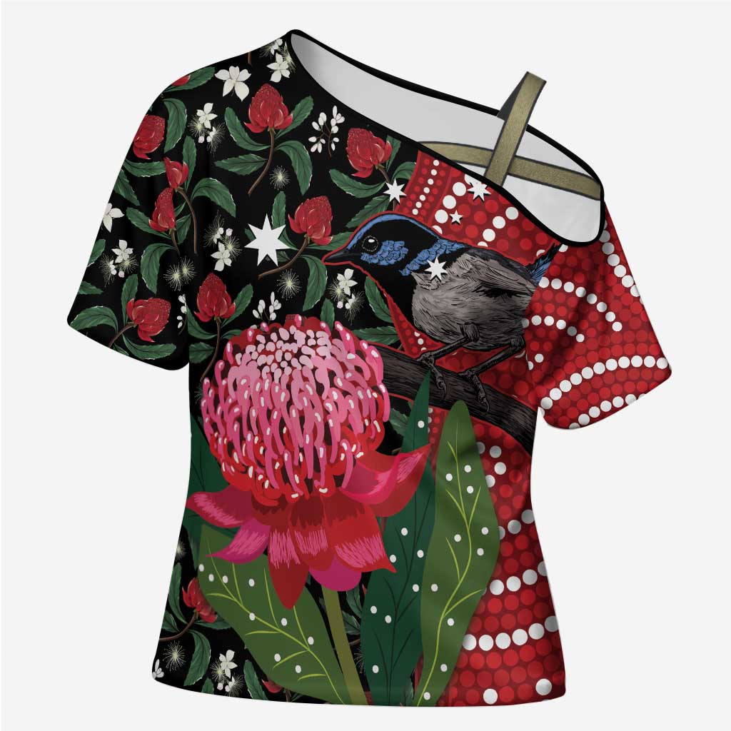 Personalised Australia Waratah And Superb Fairywren Cross Shoulder Shirt Aboriginal Art - Aussie Hoodie
