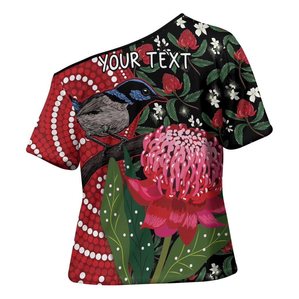 Personalised Australia Waratah And Superb Fairywren Cross Shoulder Shirt Aboriginal Art - Aussie Hoodie