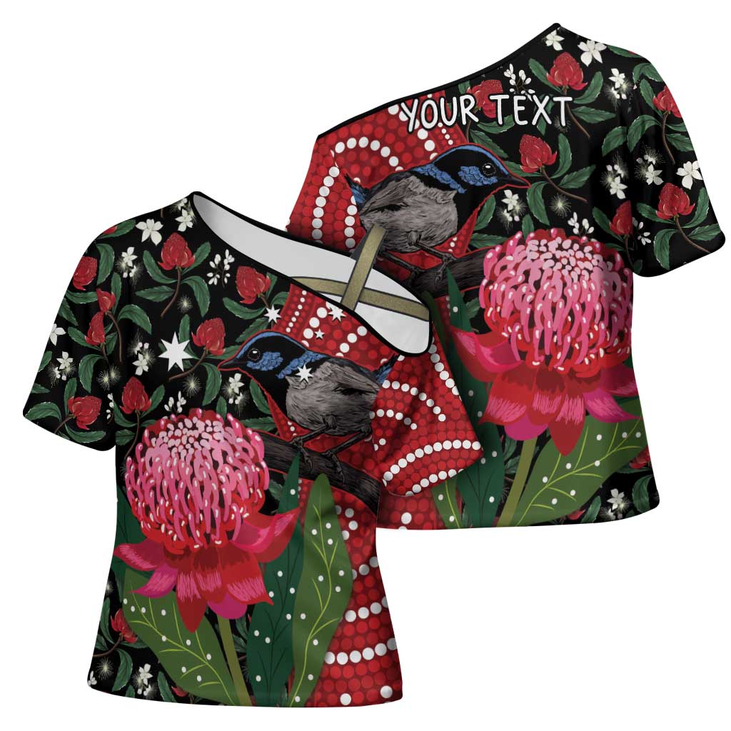 Personalised Australia Waratah And Superb Fairywren Cross Shoulder Shirt Aboriginal Art - Aussie Hoodie