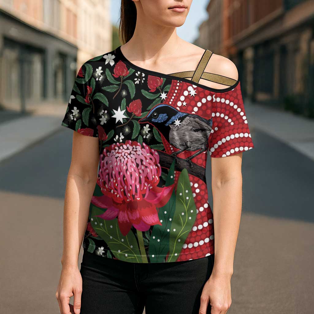 Personalised Australia Waratah And Superb Fairywren Cross Shoulder Shirt Aboriginal Art - Aussie Hoodie