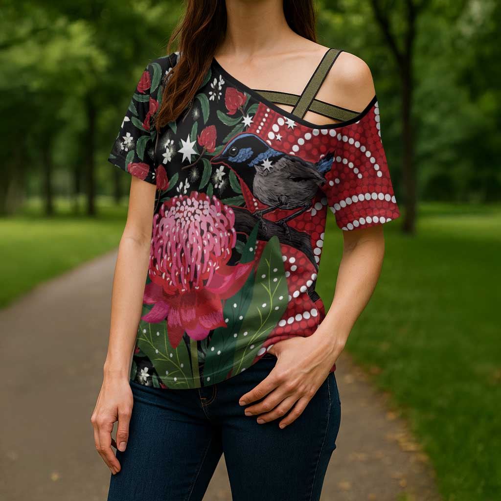 Personalised Australia Waratah And Superb Fairywren Cross Shoulder Shirt Aboriginal Art - Aussie Hoodie