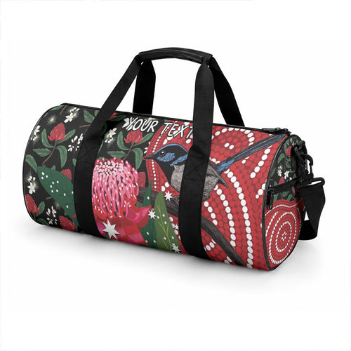 Personalised Australia Waratah And Superb Fairywren Duffle Bag Aboriginal Art