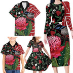 Personalised Australia Waratah And Superb Fairywren Family Matching Long Sleeve Bodycon Dress and Hawaiian Shirt Aboriginal Art