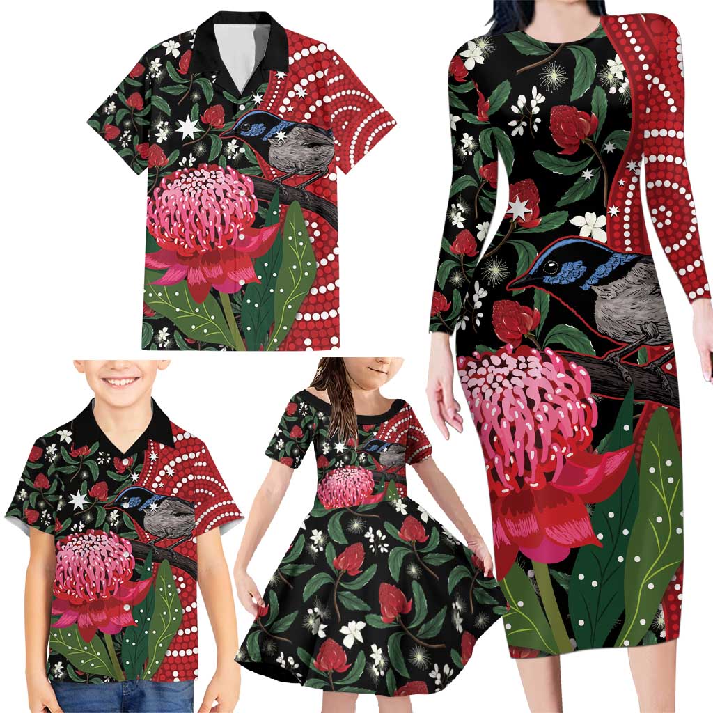 Personalised Australia Waratah And Superb Fairywren Family Matching Long Sleeve Bodycon Dress and Hawaiian Shirt Aboriginal Art