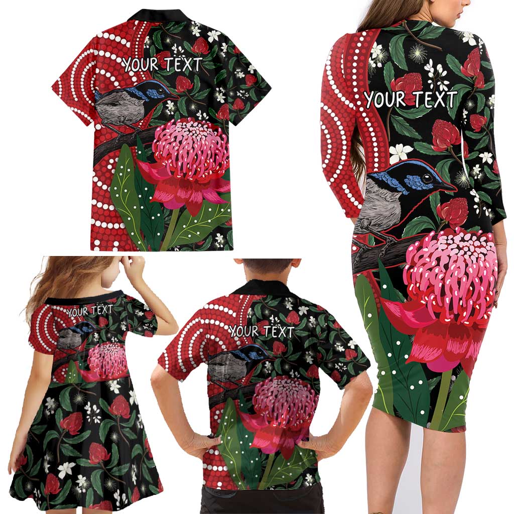 Personalised Australia Waratah And Superb Fairywren Family Matching Long Sleeve Bodycon Dress and Hawaiian Shirt Aboriginal Art