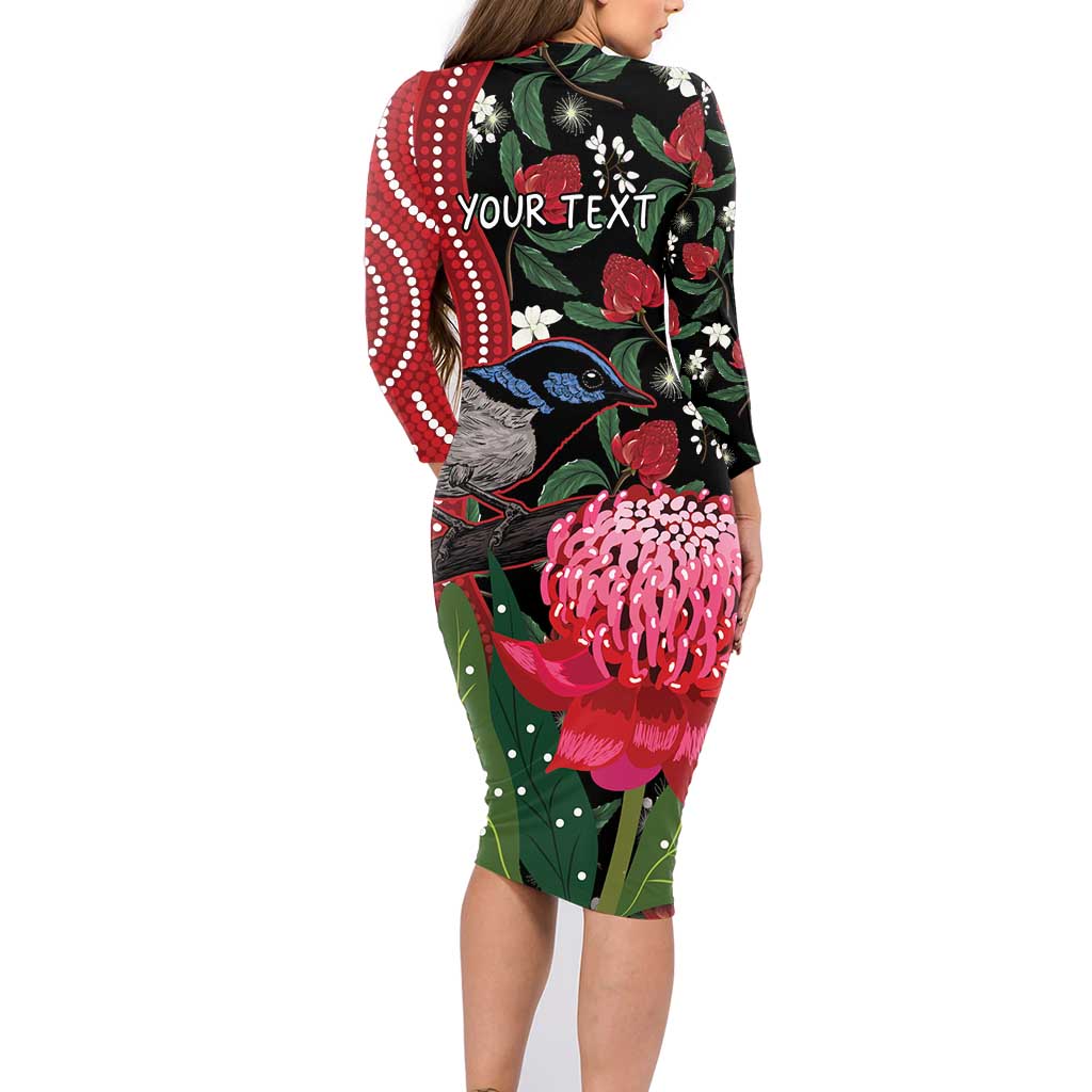 Personalised Australia Waratah And Superb Fairywren Family Matching Long Sleeve Bodycon Dress and Hawaiian Shirt Aboriginal Art