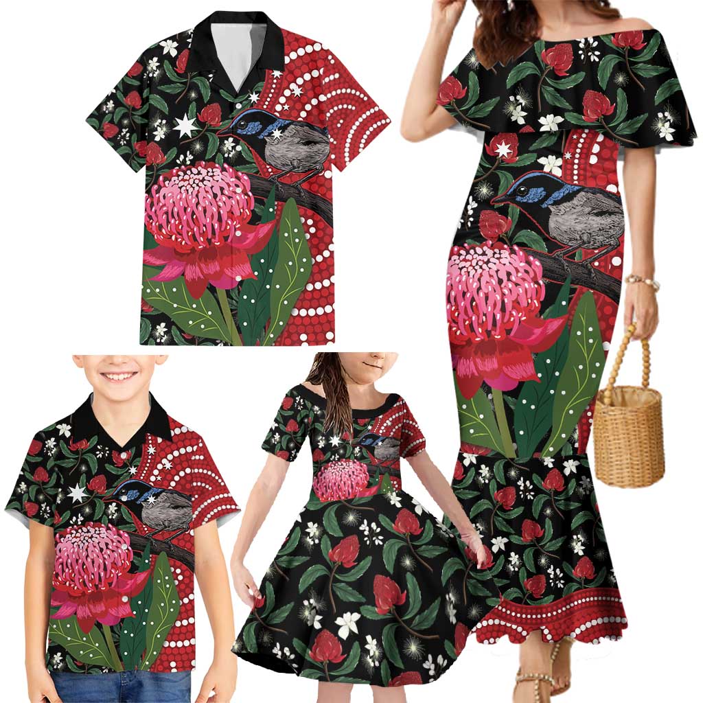 Personalised Australia Waratah And Superb Fairywren Family Matching Mermaid Dress and Hawaiian Shirt Aboriginal Art