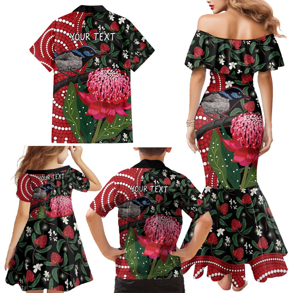 Personalised Australia Waratah And Superb Fairywren Family Matching Mermaid Dress and Hawaiian Shirt Aboriginal Art