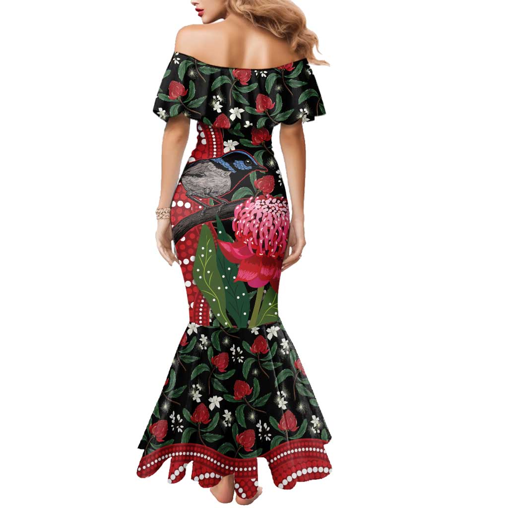 Personalised Australia Waratah And Superb Fairywren Family Matching Mermaid Dress and Hawaiian Shirt Aboriginal Art