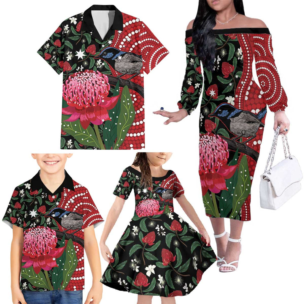 Personalised Australia Waratah And Superb Fairywren Family Matching Off The Shoulder Long Sleeve Dress and Hawaiian Shirt Aboriginal Art
