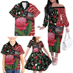 Personalised Australia Waratah And Superb Fairywren Family Matching Off The Shoulder Long Sleeve Dress and Hawaiian Shirt Aboriginal Art