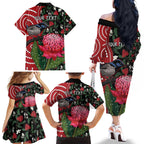 Personalised Australia Waratah And Superb Fairywren Family Matching Off The Shoulder Long Sleeve Dress and Hawaiian Shirt Aboriginal Art