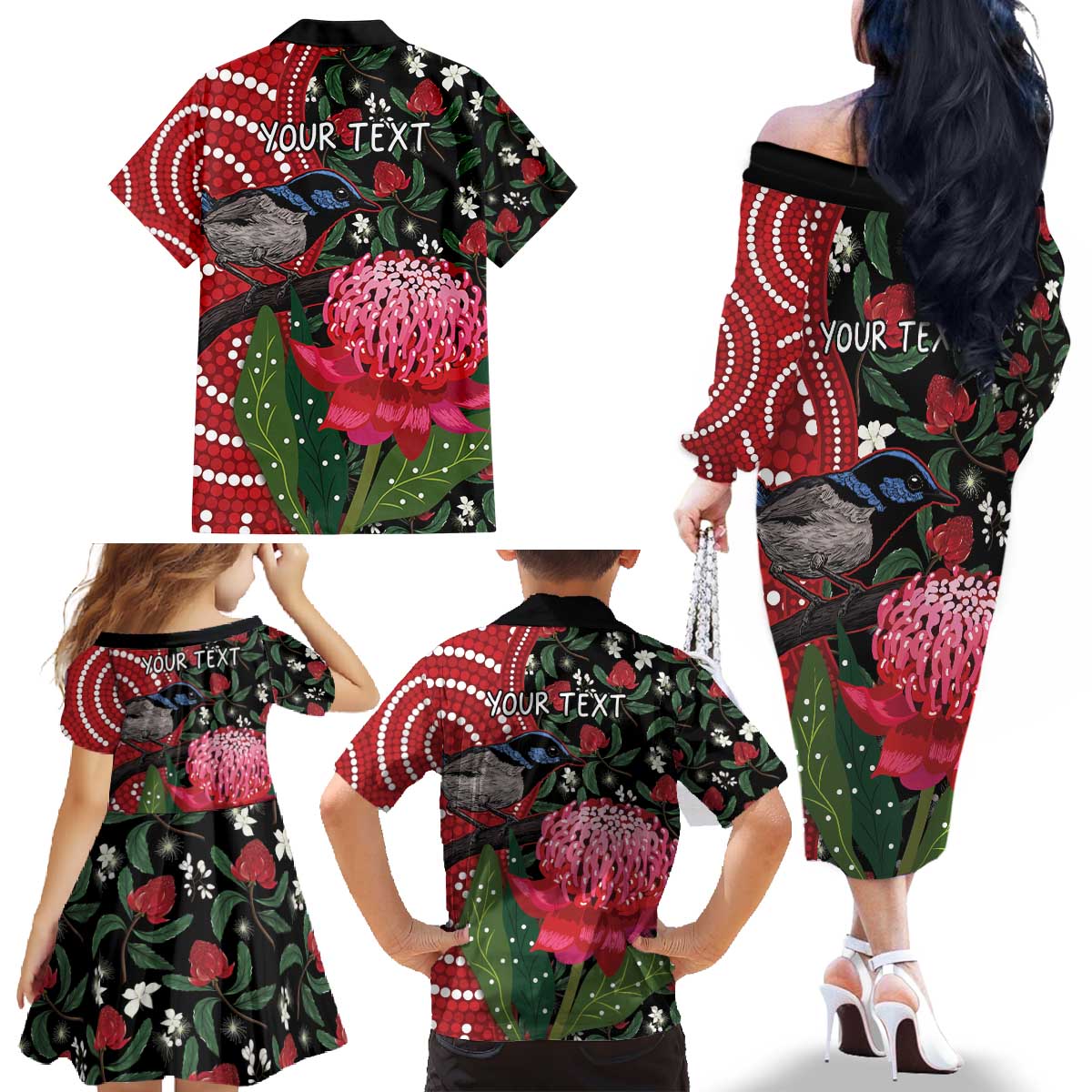 Personalised Australia Waratah And Superb Fairywren Family Matching Off The Shoulder Long Sleeve Dress and Hawaiian Shirt Aboriginal Art