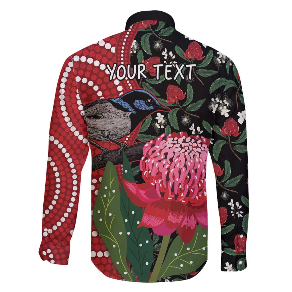 Personalised Australia Waratah And Superb Fairywren Family Matching Off The Shoulder Long Sleeve Dress and Hawaiian Shirt Aboriginal Art