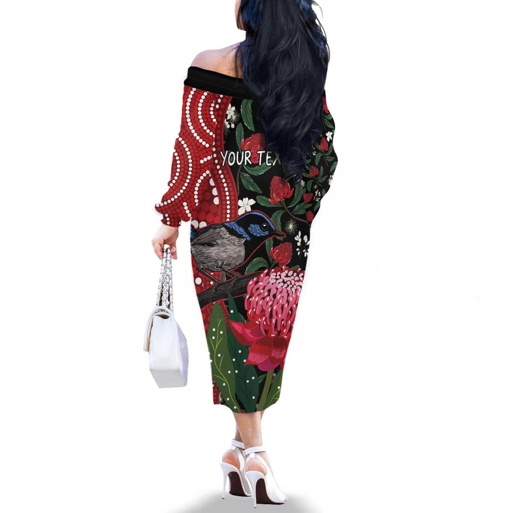 Personalised Australia Waratah And Superb Fairywren Family Matching Off The Shoulder Long Sleeve Dress and Hawaiian Shirt Aboriginal Art