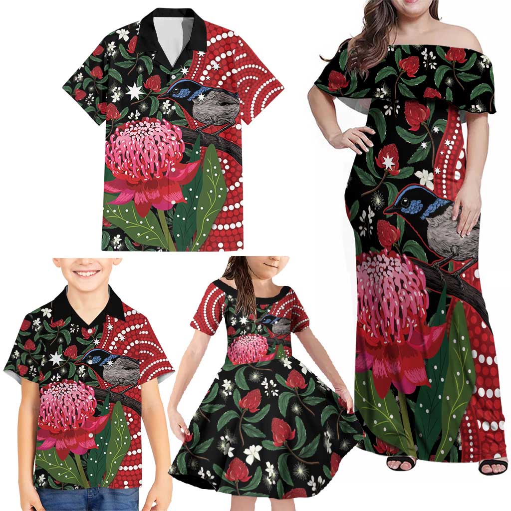 Personalised Australia Waratah And Superb Fairywren Family Matching Off Shoulder Maxi Dress and Hawaiian Shirt Aboriginal Art
