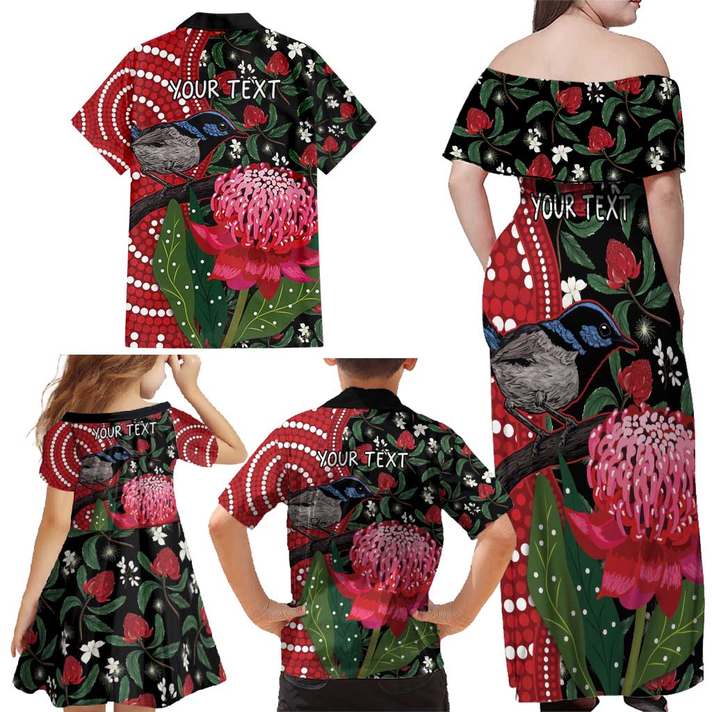 Personalised Australia Waratah And Superb Fairywren Family Matching Off Shoulder Maxi Dress and Hawaiian Shirt Aboriginal Art