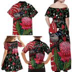 Personalised Australia Waratah And Superb Fairywren Family Matching Off Shoulder Maxi Dress and Hawaiian Shirt Aboriginal Art