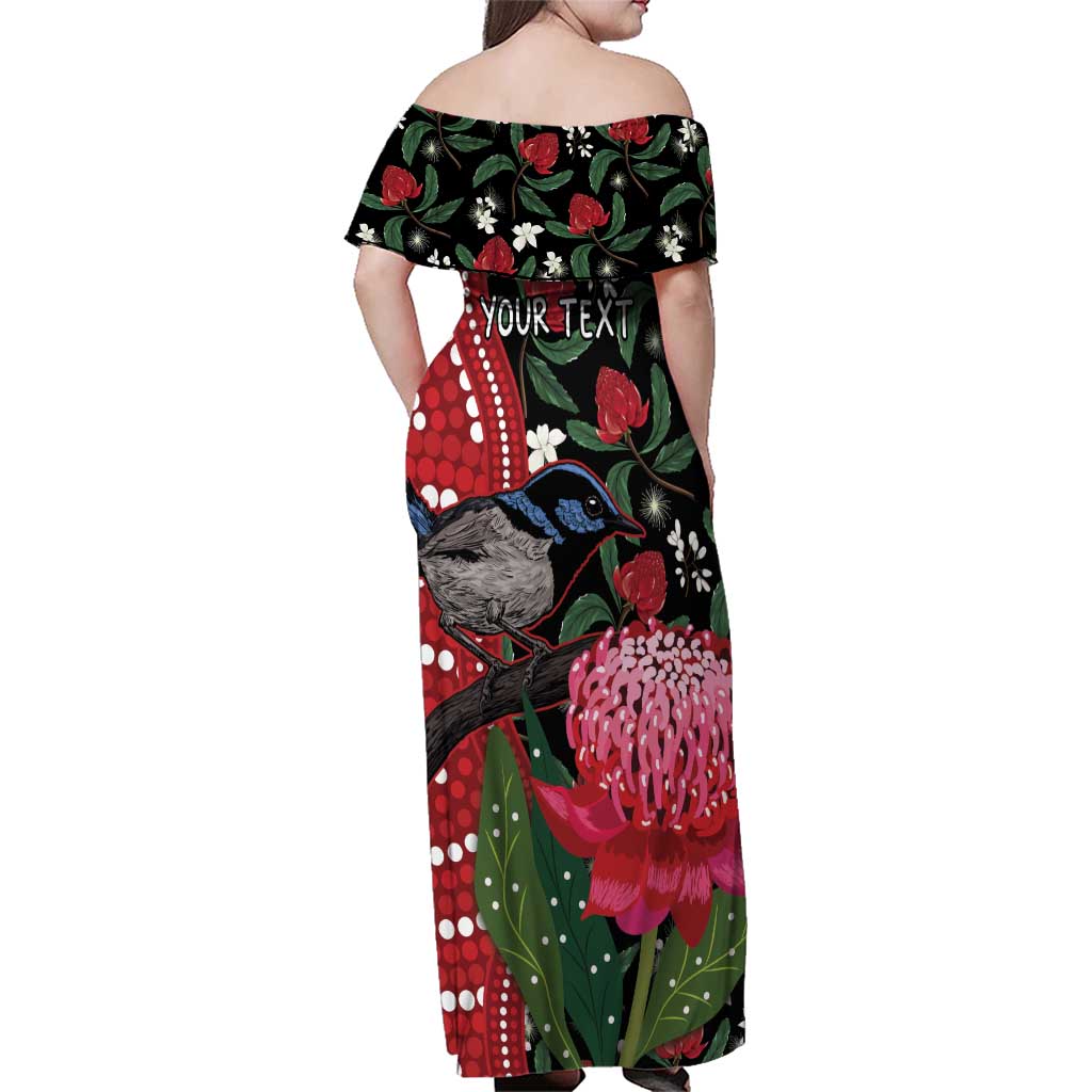 Personalised Australia Waratah And Superb Fairywren Family Matching Off Shoulder Maxi Dress and Hawaiian Shirt Aboriginal Art