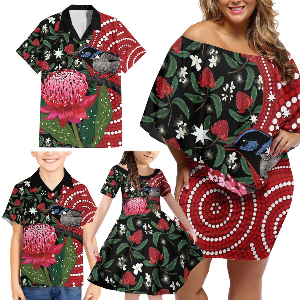 Personalised Australia Waratah And Superb Fairywren Family Matching Off Shoulder Short Dress and Hawaiian Shirt Aboriginal Art