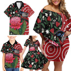 Personalised Australia Waratah And Superb Fairywren Family Matching Off Shoulder Short Dress and Hawaiian Shirt Aboriginal Art