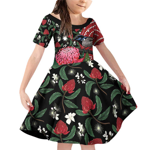 Personalised Australia Waratah And Superb Fairywren Family Matching Off Shoulder Short Dress and Hawaiian Shirt Aboriginal Art