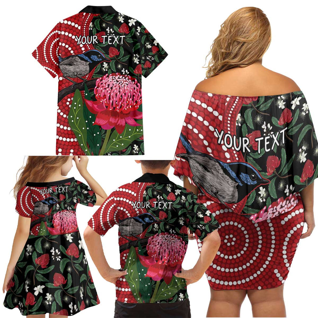 Personalised Australia Waratah And Superb Fairywren Family Matching Off Shoulder Short Dress and Hawaiian Shirt Aboriginal Art