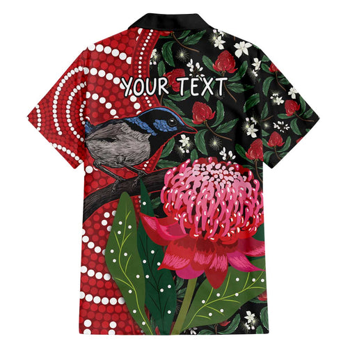 Personalised Australia Waratah And Superb Fairywren Family Matching Off Shoulder Short Dress and Hawaiian Shirt Aboriginal Art