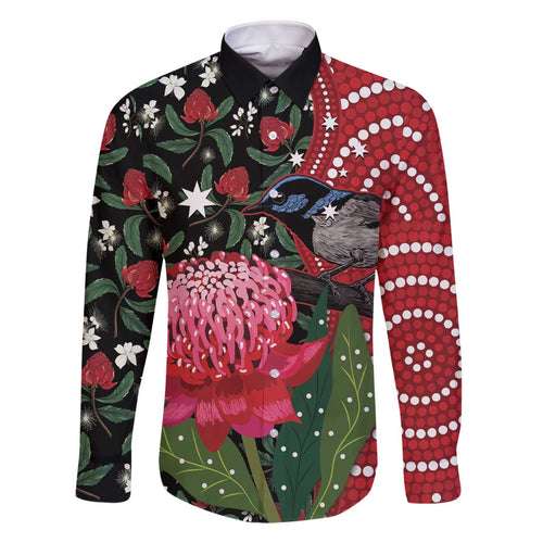 Personalised Australia Waratah And Superb Fairywren Family Matching Off Shoulder Short Dress and Hawaiian Shirt Aboriginal Art