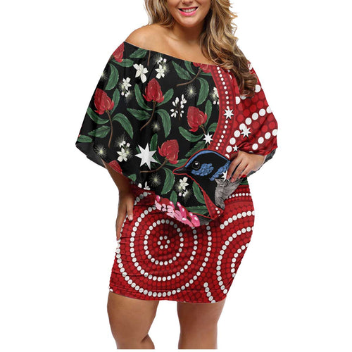 Personalised Australia Waratah And Superb Fairywren Family Matching Off Shoulder Short Dress and Hawaiian Shirt Aboriginal Art