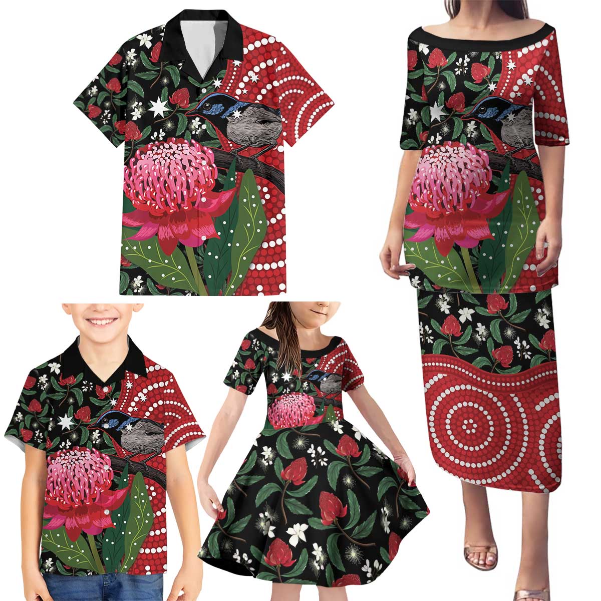 Personalised Australia Waratah And Superb Fairywren Family Matching Puletasi and Hawaiian Shirt Aboriginal Art