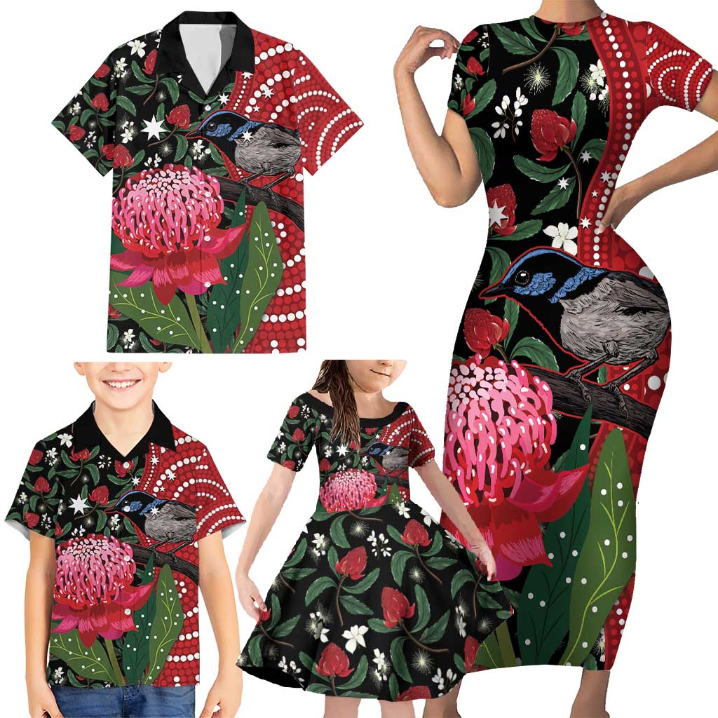 Personalised Australia Waratah And Superb Fairywren Family Matching Short Sleeve Bodycon Dress and Hawaiian Shirt Aboriginal Art