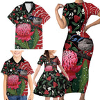 Personalised Australia Waratah And Superb Fairywren Family Matching Short Sleeve Bodycon Dress and Hawaiian Shirt Aboriginal Art