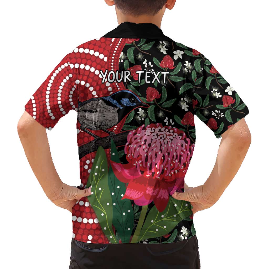 Personalised Australia Waratah And Superb Fairywren Family Matching Short Sleeve Bodycon Dress and Hawaiian Shirt Aboriginal Art
