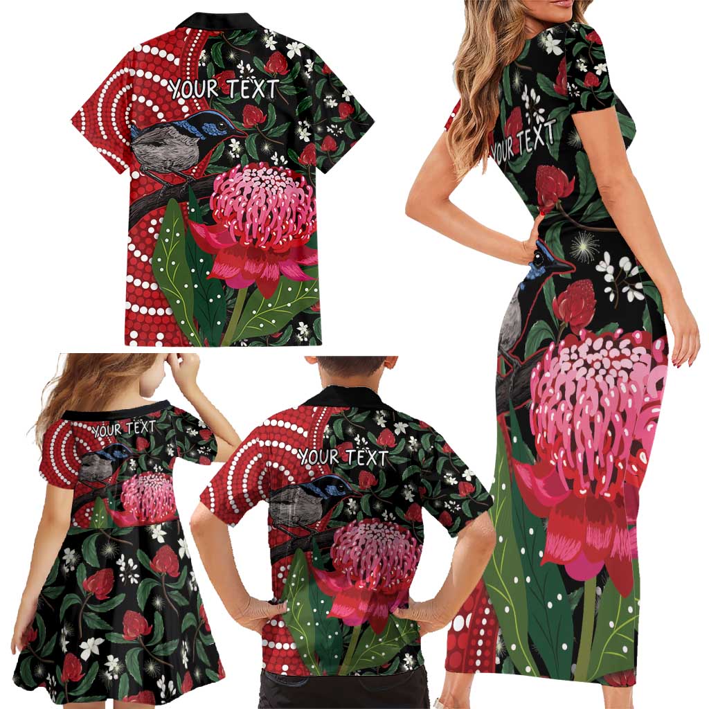 Personalised Australia Waratah And Superb Fairywren Family Matching Short Sleeve Bodycon Dress and Hawaiian Shirt Aboriginal Art