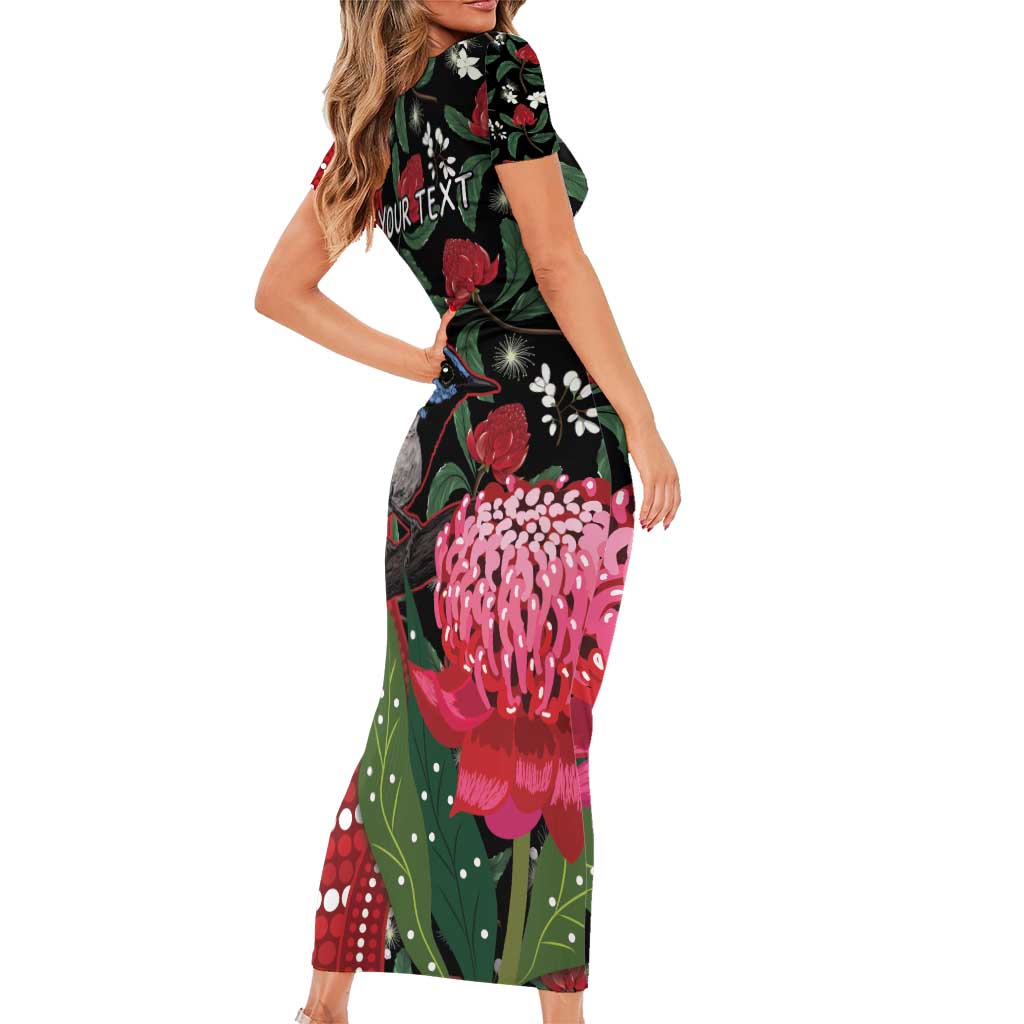 Personalised Australia Waratah And Superb Fairywren Family Matching Short Sleeve Bodycon Dress and Hawaiian Shirt Aboriginal Art