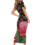 Personalised Australia Waratah And Superb Fairywren Family Matching Short Sleeve Bodycon Dress and Hawaiian Shirt Aboriginal Art