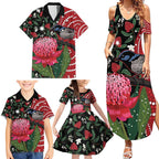 Personalised Australia Waratah And Superb Fairywren Family Matching Summer Maxi Dress and Hawaiian Shirt Aboriginal Art