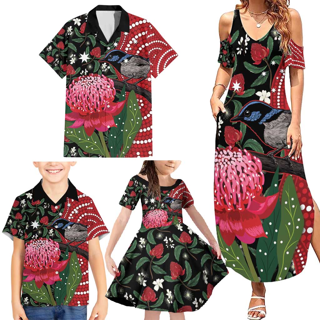 Personalised Australia Waratah And Superb Fairywren Family Matching Summer Maxi Dress and Hawaiian Shirt Aboriginal Art