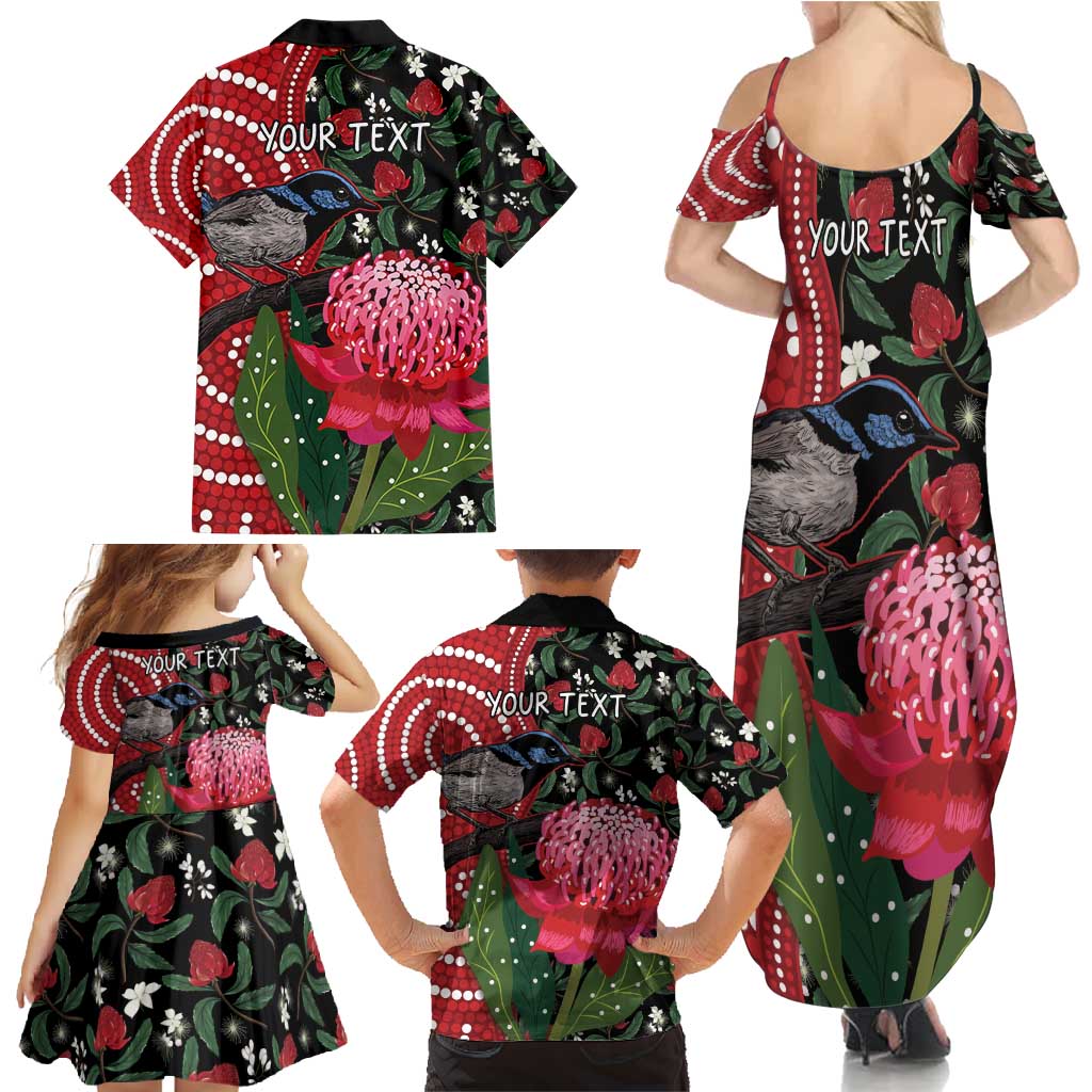 Personalised Australia Waratah And Superb Fairywren Family Matching Summer Maxi Dress and Hawaiian Shirt Aboriginal Art