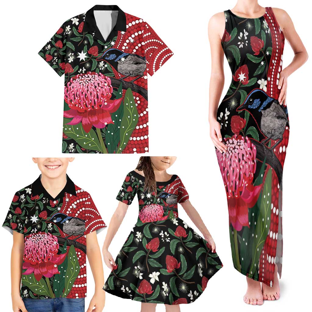 Personalised Australia Waratah And Superb Fairywren Family Matching Tank Maxi Dress and Hawaiian Shirt Aboriginal Art