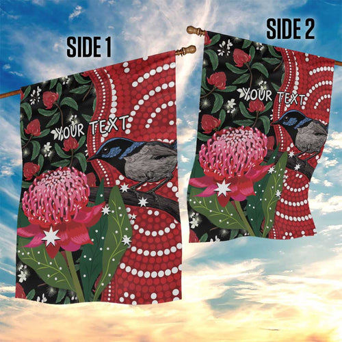 Personalised Australia Waratah And Superb Fairywren Garden Flag Aboriginal Art