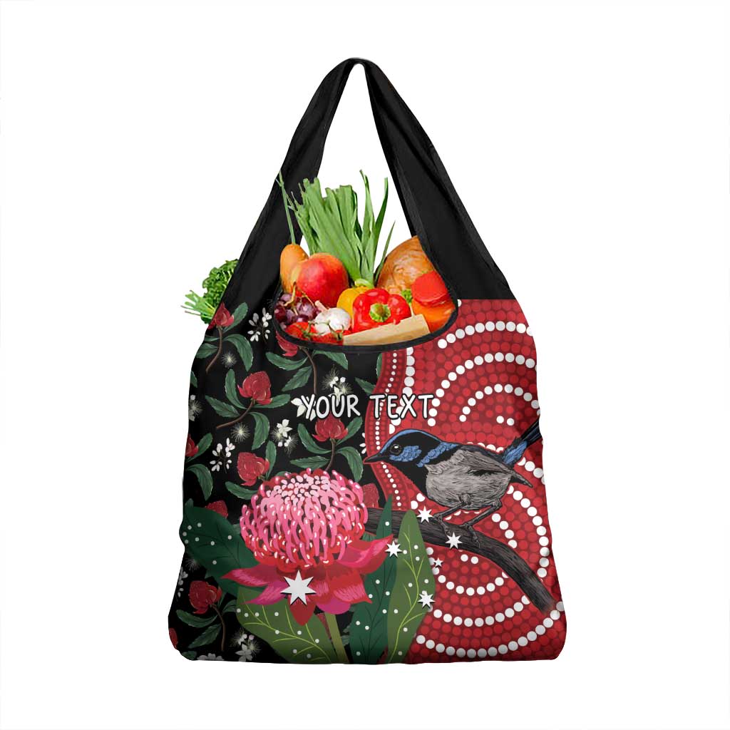 Personalised Australia Waratah And Superb Fairywren Grocery Bag Aboriginal Art