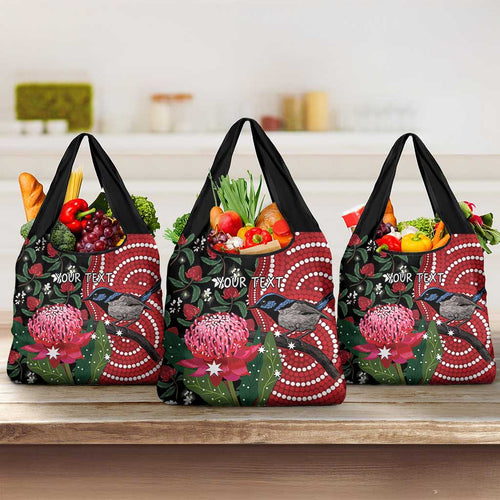 Personalised Australia Waratah And Superb Fairywren Grocery Bag Aboriginal Art